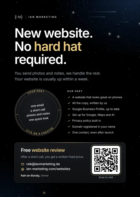 Flyer “New website. No hard hat required.” by IAN MARKETING, A5, with 3 mm bleed and the trim size marked