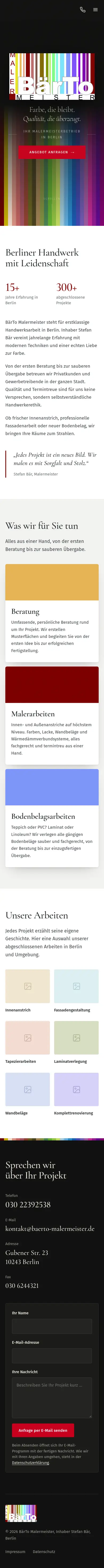 Screenshot of the website BärTo Malermeister, mobile view